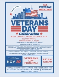 Event announcement graphic for the West Central
Middle School Veterans Day Celebration, with the
complete schedule, menu, and location details fully
outlined in the article text below.